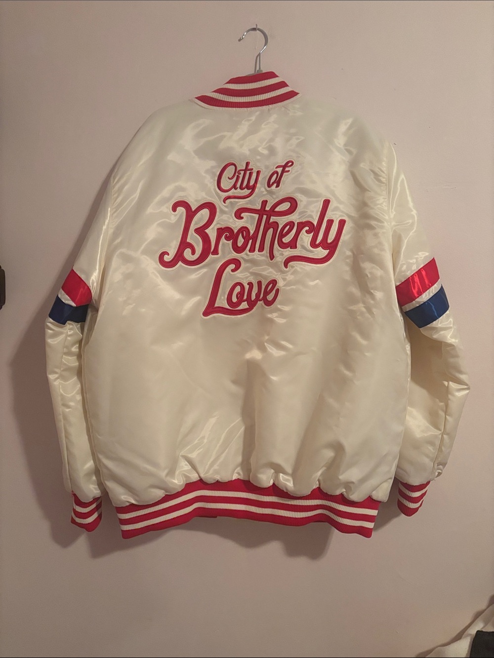 76ers STARTER Cream Satin Varsity Jacket with Red & Blue Accents - Picture 2 of 4